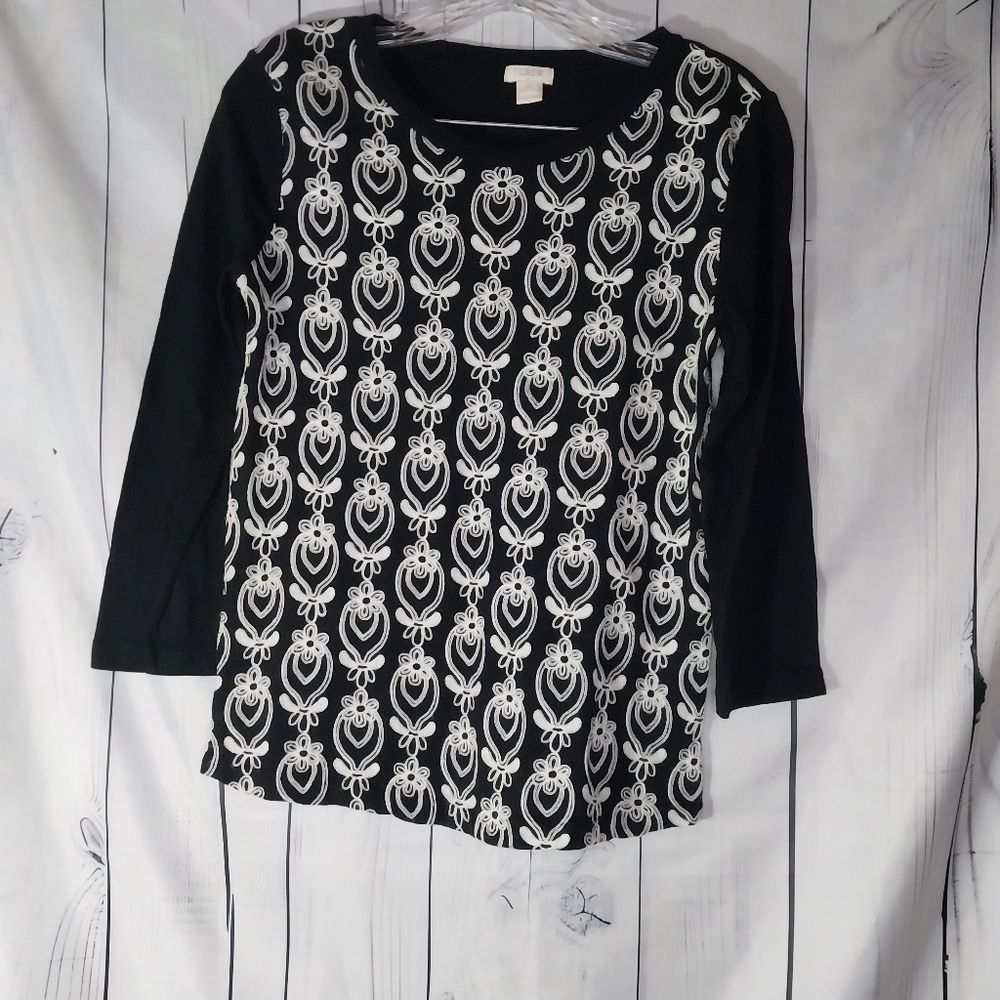 J. Crew Black and White Floral Embroidery 3/4 Sleeve Classic Round Neck Top